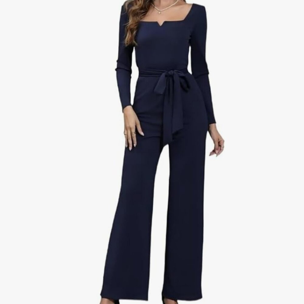 Long Sleeve V Neck Wide Leg One Piece Unitard Jumpsuit With Belt